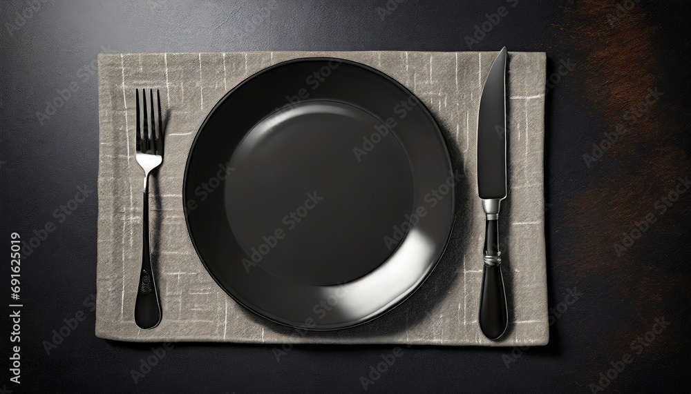 Plate, knife and fork on napkin cloth
Plate, knife and fork on napkin cloth