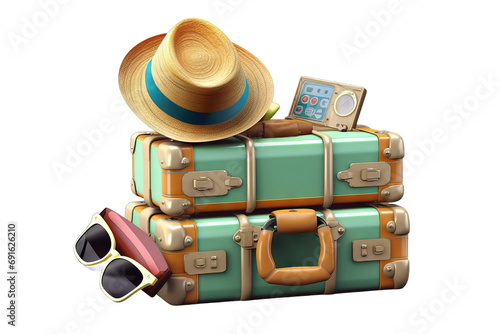 icon leisure object creative beach triple ticket tropical destination tour 3d illustration suitcase sun glasses h camera travel concept minimal style isolated white transparent background