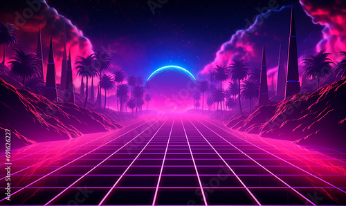 Neon glowing synthwave road background. Cyber 3d night with purple clouds and obelisks along road and straight mesh highway going to moon on horizon in 80s vaporwave design
