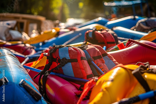 Rafting equipment, colorful life vests, paddles resting on inflatable rafts, pre-adventure anticipation, ready for the thrill.