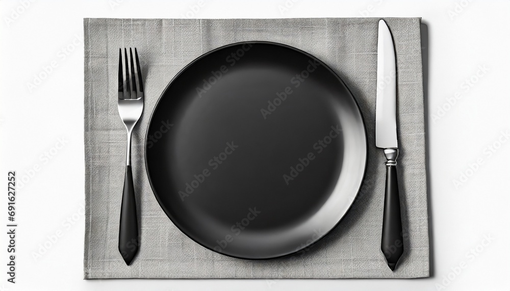 Plate, knife and fork on napkin cloth and white background Plate, knife and fork on napkin cloth and white background