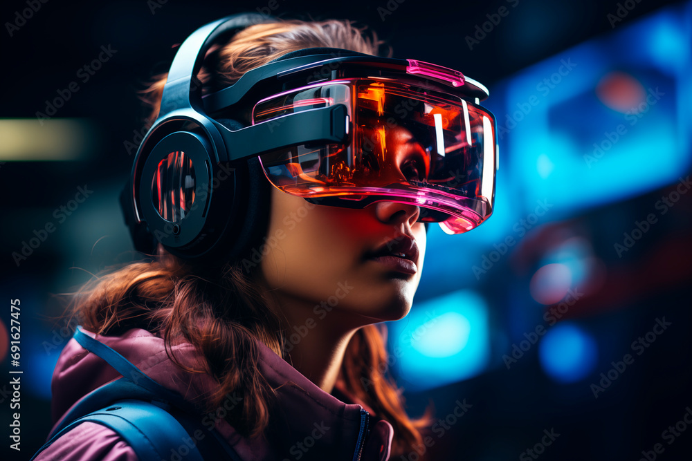 portrait of a young girl with virtual reality glasses in the metaverse portrait of a young girl with virtual reality glasses in the metaverse