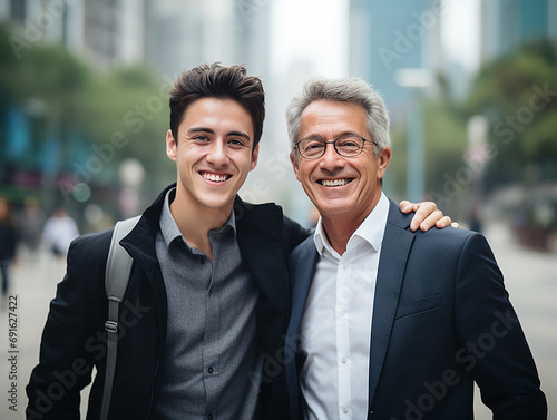 padre e figlio sorridenti o studente universitario e professore, concetto di sapere e mestiere che si tramanda