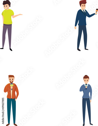 Journalist icons set cartoon vector. Male and female reporter with microphone. Television, journalism