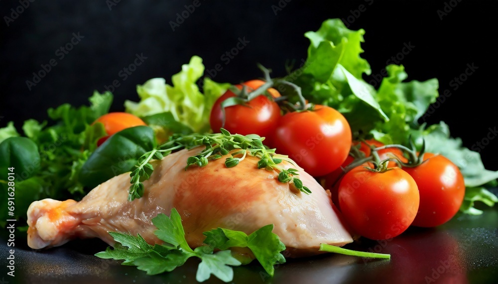 Chicken, tomatoes and mixed greens and black background