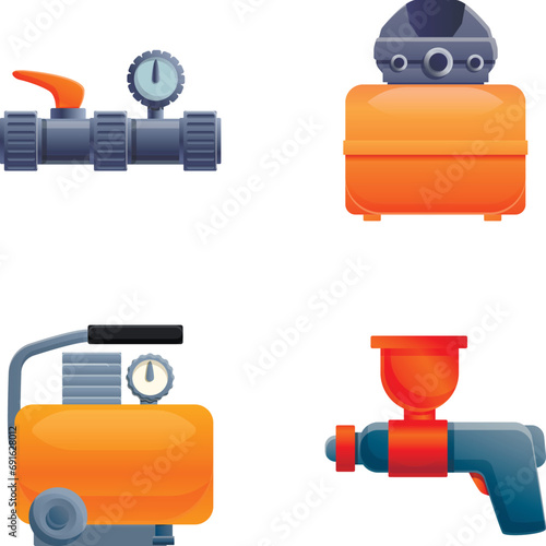 Air compressor icons set cartoon vector. High pressure air compressor. Industrial equipment