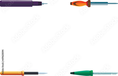 Soldering iron icons set cartoon vector. Various type of soldering iron. Electronics repairing equipment