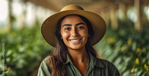 Latin farming woman with blurred natural background