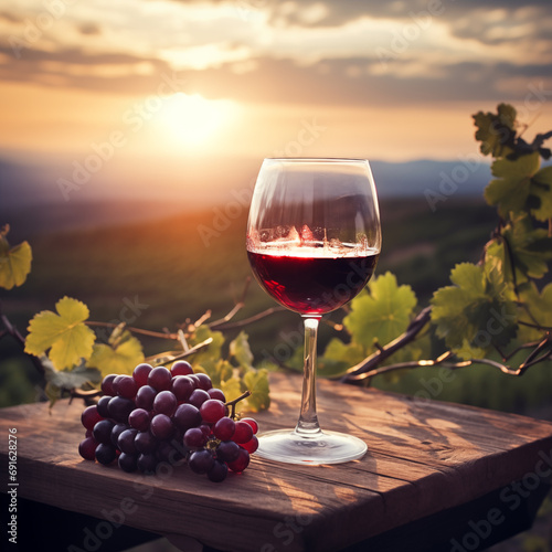 Two glasses of red wine and wooden plate with cheese and nuts during summer time sunset outside  banner size  room for copy