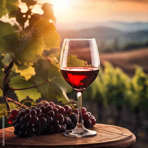 Two glasses of red wine and wooden plate with cheese and nuts during summer time sunset outside  banner size  room for copy