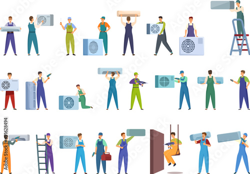 Air conditioner installer icons set cartoon vector. Service house. Man condition