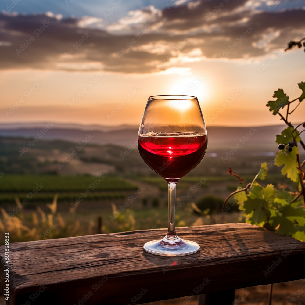 Two glasses of red wine and wooden plate with cheese and nuts during summer time sunset outside, banner size, room for copy