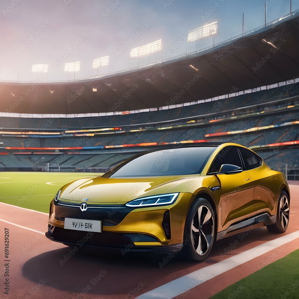 Naklejka premium Sports Arena Showcasing an electric vehicle parked outside a sports stadium or arena