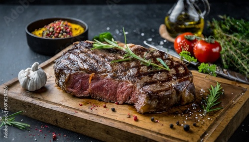Medium Rare Ribeye steak on wooden board, selected focus