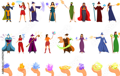 Cast spell icons set cartoon vector. Magic power female. Wizard hurricane
