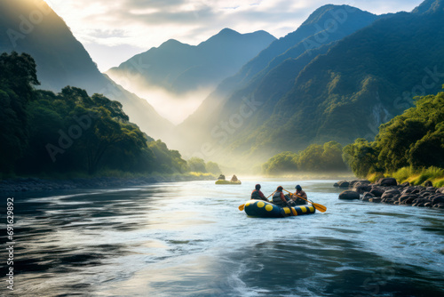 River exploration, panoramic view of inflatable rafts traversing a winding river, surrounded by untouched wilderness, distant mountains shrouded in mist, adventurous paddlers immersed.