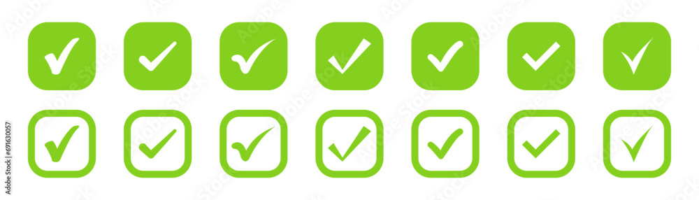 Green check mark and red cross icon set. Circle and square. Tick symbol in green color, vector illustration. Green check mark and red cross icon set. Circle and square. Tick symbol in green color, vector illustration.