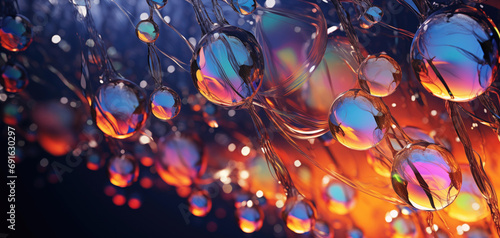 Background with volumetric drops of mirror liquid. Multi-colored play of shades, blue background. Objects floating in the air, lack of gravity, physical and chemical phenomena.