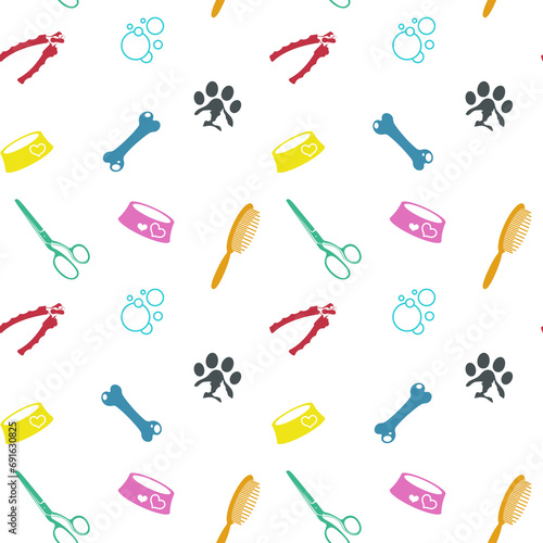 Grooming and pet care seamless pattern. Groomer tool set silhouette