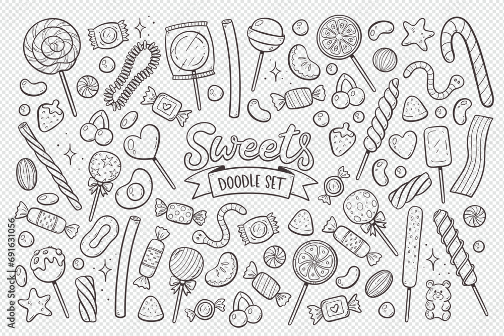 Candies, lollipops and gummies isolated on transparent background. Doodle sweets elements. Hand-drawn clip arts. Vector Illustration.