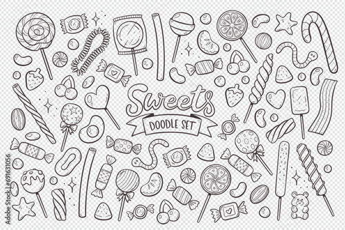 Candies, lollipops and gummies isolated on transparent background. Doodle sweets elements. Hand-drawn clip arts. Vector Illustration. photo