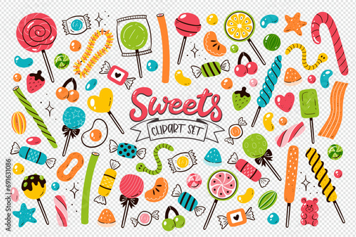 Candies, lollipops and gummies isolated on transparent background. Colorful sweets elements. Hand-drawn clip arts. Vector Illustration.