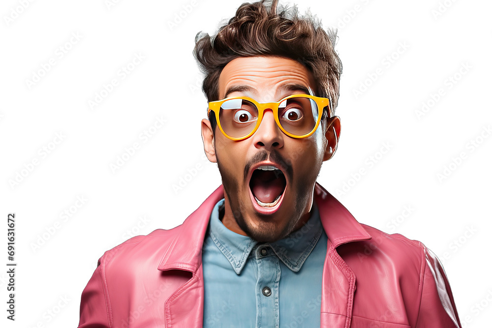 cool honed model joy happy success yes portrait adult male photogenic hispanic boy Young handsome man wearing sunglasses isolated background afraid shocked surprise expression fear excited face