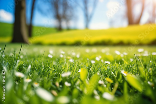 Beautiful blurred background image of spring nature with lawn surrounded by trees