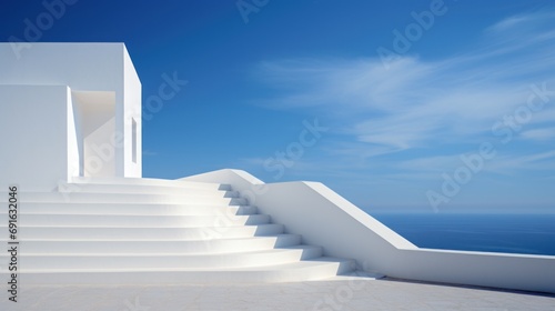  a set of white stairs leading up to the top of a building with a view of the ocean on a sunny day with a blue sky and white cloudless background.