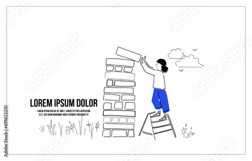 hand drawn vector illustration of a person building blocks_ optimistic, career, choice, selection, jenga, prime member, benefit, wellness, support _ heartwarming editorial illustration 
