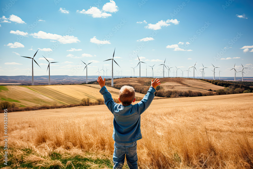 Little boy looking at huge wind turbines in a golden field Little boy looking at huge wind turbines in a golden field