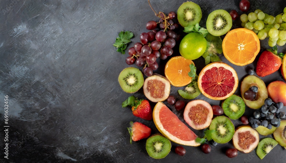 Collection of fresh fruit and vegetable slices, text space Collection of fresh fruit and vegetable slices, text space