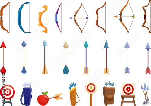 Archery shoot weapon icons set cartoon vector. Arrow game. Wood stone sport