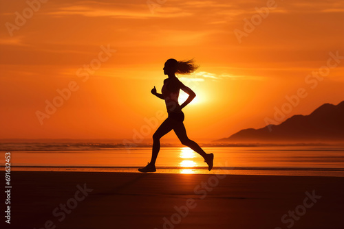 Silhouette of an athletic woman running on the beach at sunset