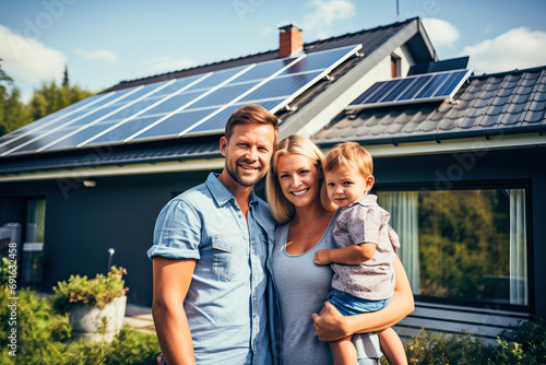 Portrait of a happy family in the garden of their house equipped with solar panels