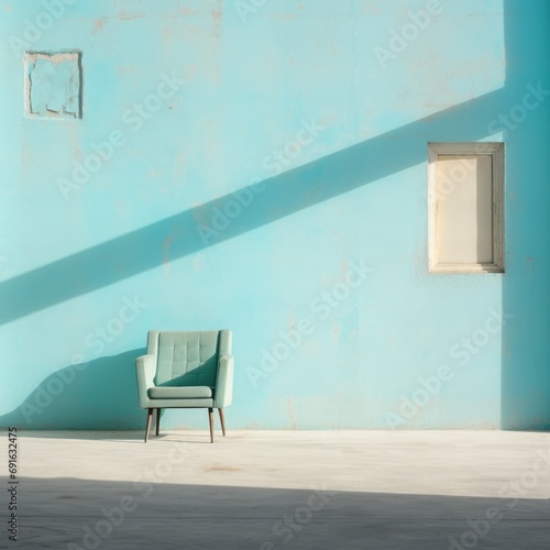  a chair sitting in front of a blue wall with a shadow of a window on the wall and a small window on the side of the wall above the chair.