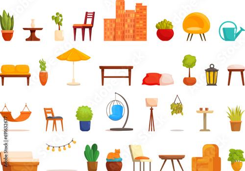 Veranda interior icons set cartoon vector. Garden balcony terrace. Porch indoor