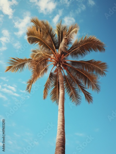 Tropical landscape with tall palm trees against a bright blue sky - perfect for travel or tropical themed design