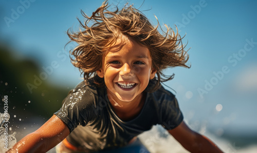 Joyful Young Boy Learning to Surf, Riding a Wave with Excitement and Happiness in the Summer Sun