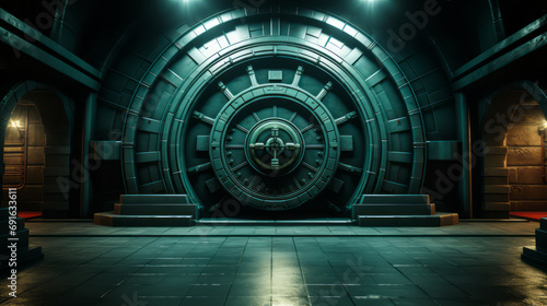 Massive Vault Door in a Dark Room, Depicting Security and Safety in a Bank or Secure Facility with a Futuristic and Impenetrable Design