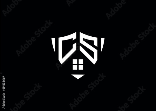 Real estate letter CS shield shape logo and house building vector template