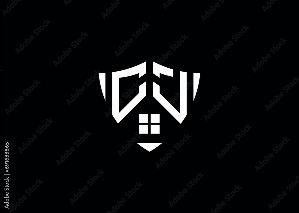 Real estate letter CJ shield shape logo and house building vector template Real estate letter CJ shield shape logo and house building vector template