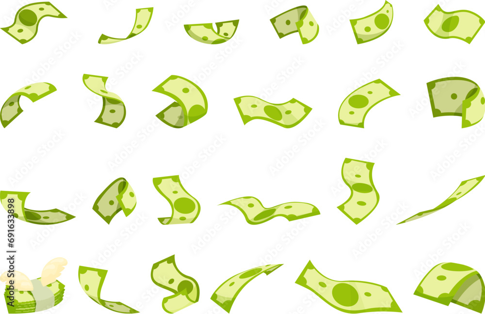 Fly banknote icons set cartoon vector. American float finance. Dollar cash Fly banknote icons set cartoon vector. American float finance. Dollar cash