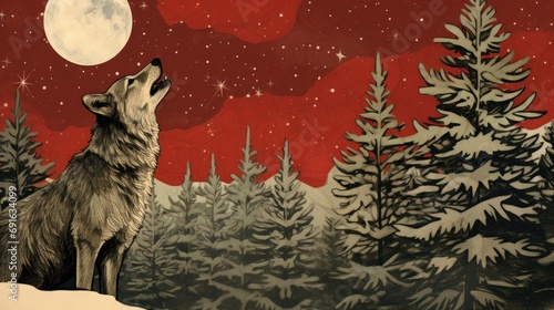  a painting of a wolf standing in front of a red sky with stars and a full moon in the distance with trees in the foreground and a full moon in the background.