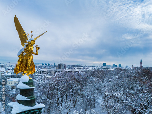 Famous Friedensengel with snow in winter, Munich, Germany