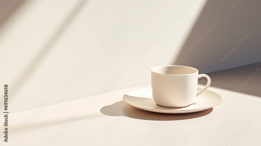  a white coffee cup sitting on top of a saucer on top of a white table next to a shadow of a person's arm and a white wall.