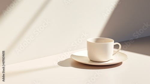 Wallpaper Mural  a white coffee cup sitting on top of a saucer on top of a white table next to a shadow of a person's arm and a white wall. Torontodigital.ca