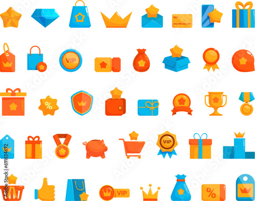 Exclusive benefits icons set cartoon vector. Reward bonus member. Box money award