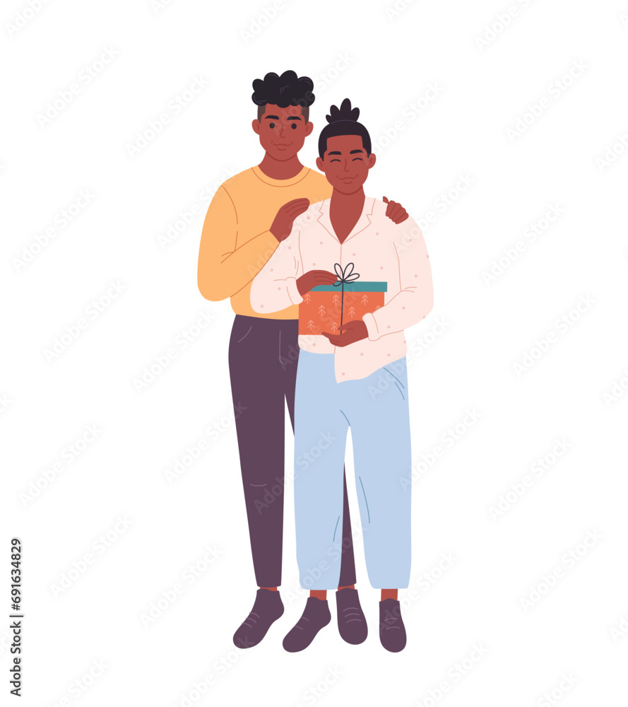 Gay couple hugging and giving gift. LGBT family. Boxing Day. Hand drawn vector illustration