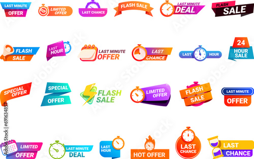 Last time offer icons set cartoon vector. Sale clock flash. Hour day timer